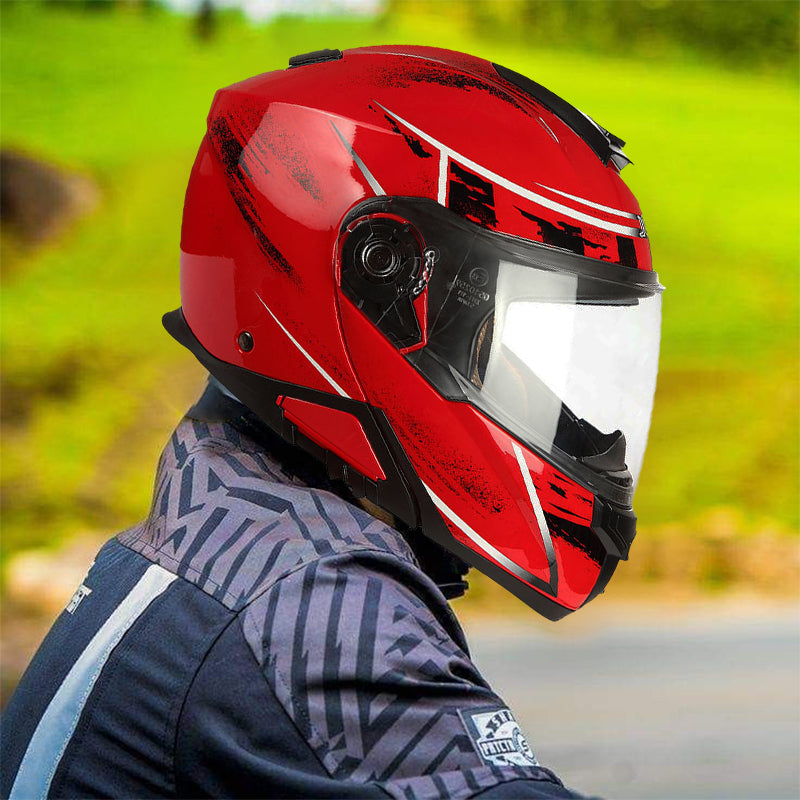 black and red motorcycle helmet bluetooth Anti Fog Dual Lens Streamlined Design Modular Helmet